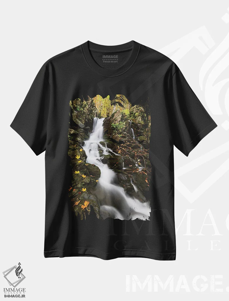تیشرت مشکی طرح دار – تیشرت طبیعت پاییزی ,آبشار پاییزی اثر مائورو باتیستلی immage.ir