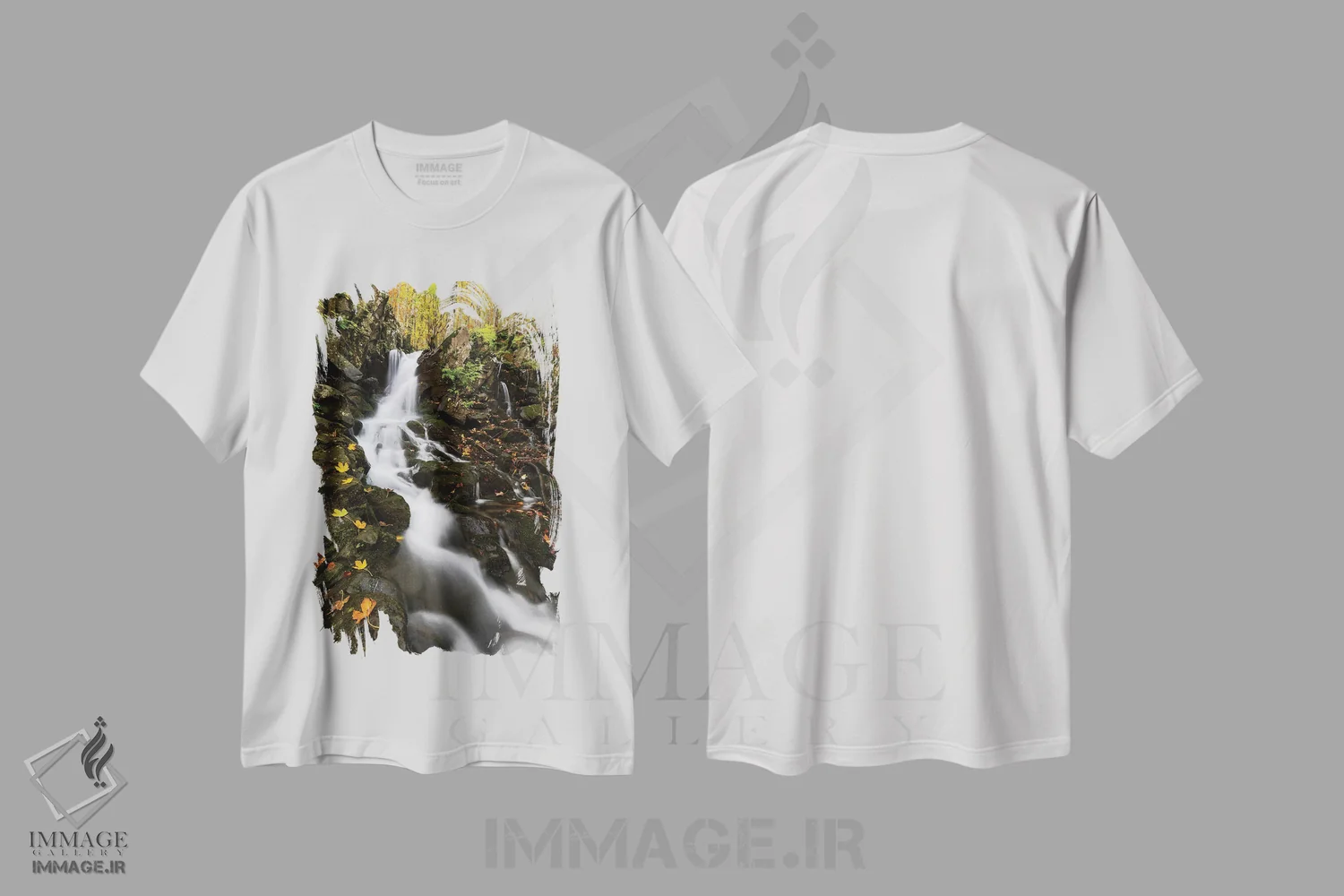 تیشرت سفید طرح دار – تیشرت طبیعت پاییزی ,آبشار پاییزی اثر مائورو باتیستلی فروشگاه ایماژ