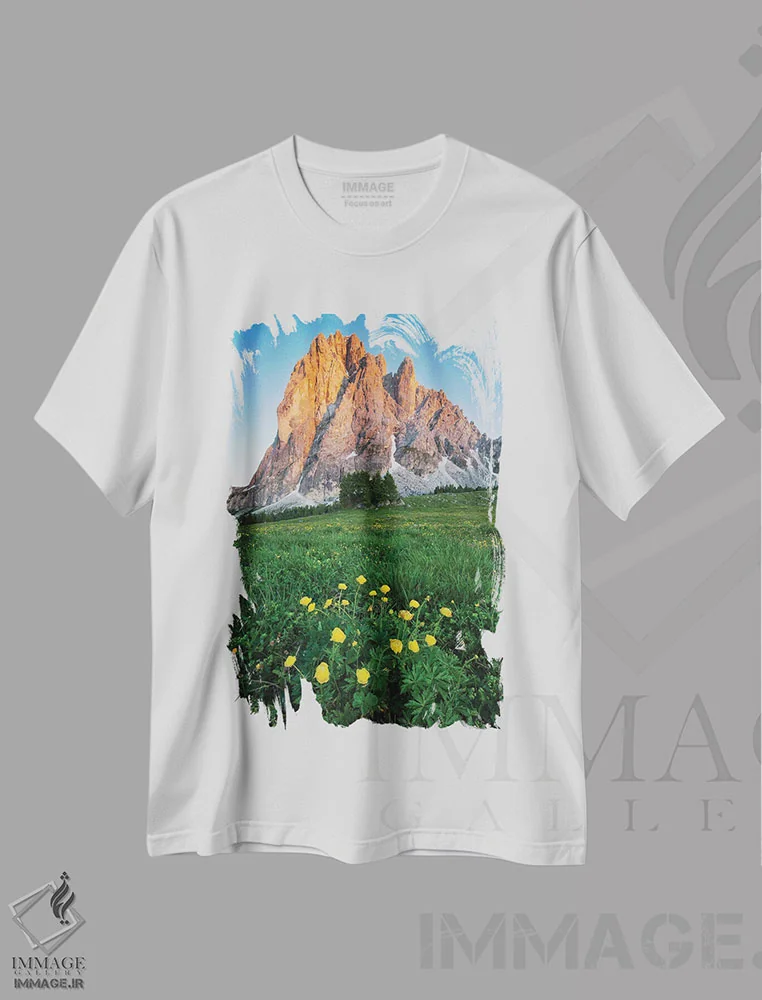 تیشرت سفید طرح دار – تیشرت طبیعت ,شکوفایی در دولومیت ها اثر مائورو باتیستلی immage.ir