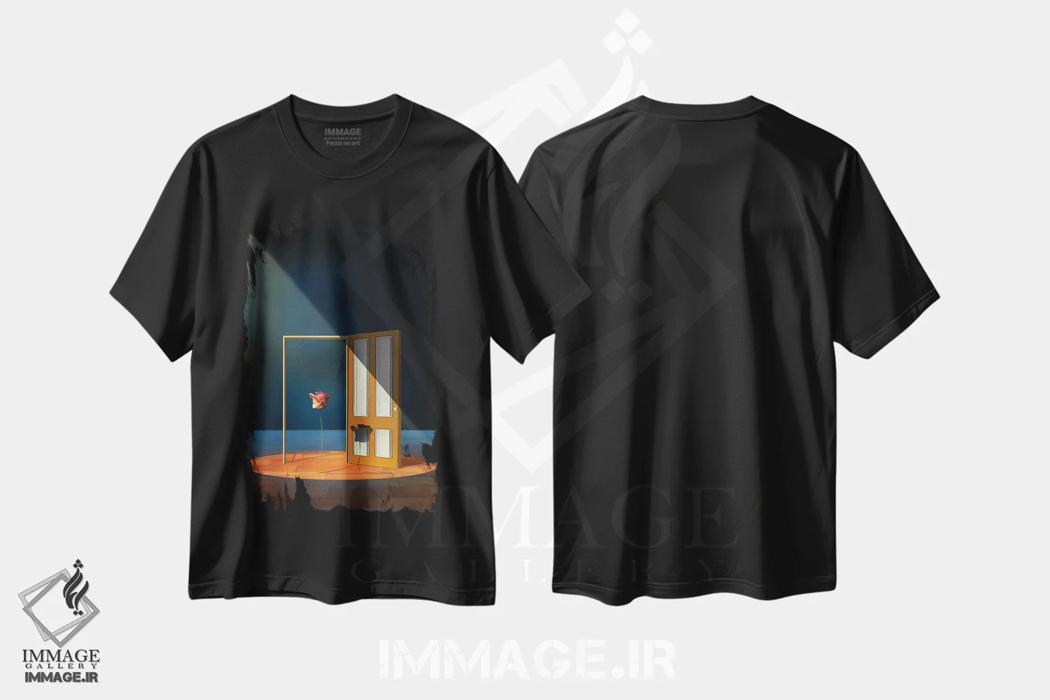تیشرت مشکی طرح دار – تیشرت سورئالیستی ,در باز اثر مارسل کارام immage.ir