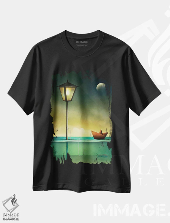 تیشرت مشکی طرح دار – تیشرت فانتزی ,قایق اسباب بازی در آرامش اثر مارسل کارام فروشگاه ایماژ