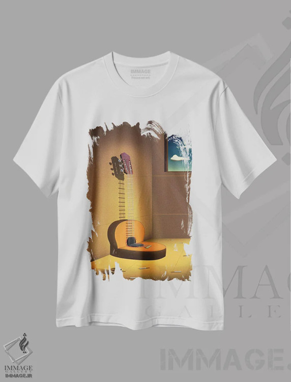 تیشرت سفید طرح دار – تیشرت موسیقی ,گیتار روی دیوار اثر مارسل کارام immage.ir