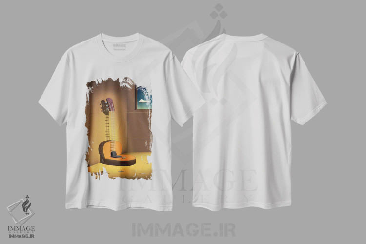 تیشرت سفید طرح دار – تیشرت موسیقی ,گیتار روی دیوار اثر مارسل کارام immage.ir