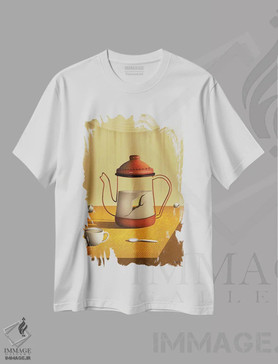 تیشرت سفید طرح دار – تیشرت فانتزی ,قوری روی میز اثر مارسل کارام فروشگاه ایماژ
