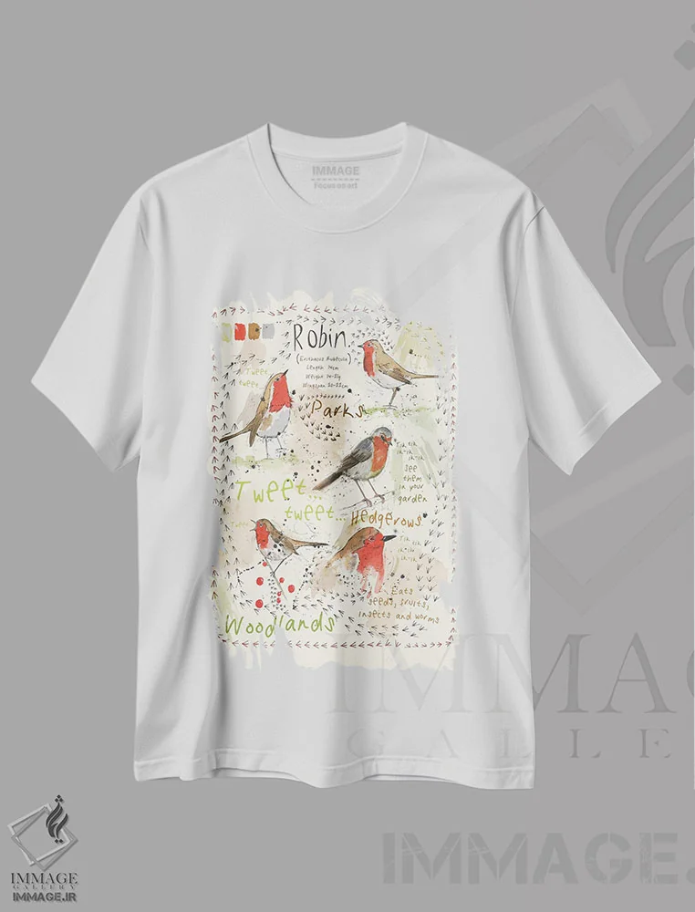 تیشرت سفید طرح دار – تیشرت هنری ,پرندگان در باغ شما اثر میشل کمپل فروشگاه ایماژ