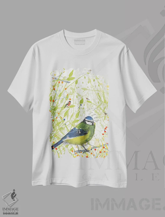 تیشرت سفید طرح دار – تیشرت آبرنگی ,مرغ آبی کوچک اثر میشل کمپل فروشگاه ایماژ