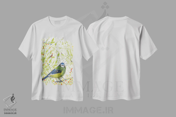 تیشرت سفید طرح دار – تیشرت آبرنگی ,مرغ آبی کوچک اثر میشل کمپل فروشگاه ایماژ