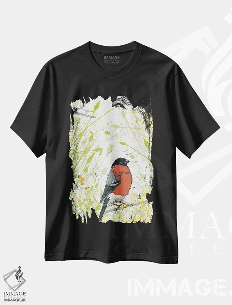 تیشرت مشکی طرح دار – تیشرت طبیعت ,فنچ سینه سرخ اثر میشل کمپل immage.ir