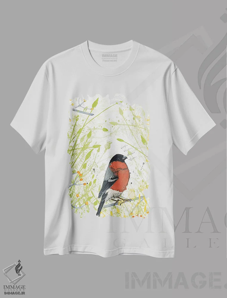 تیشرت سفید طرح دار – تیشرت طبیعت ,فنچ سینه سرخ اثر میشل کمپل فروشگاه ایماژ