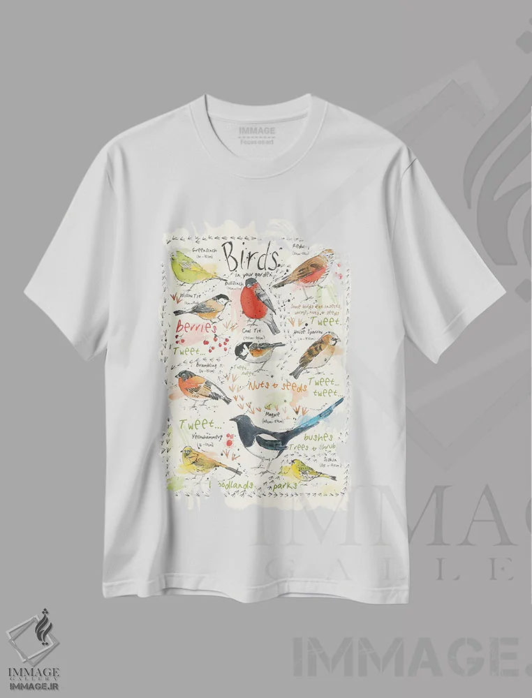 تیشرت سفید طرح دار – تیشرت حیوانات ,پرندگان در باغ شما اثر میشل کمپل immage.ir