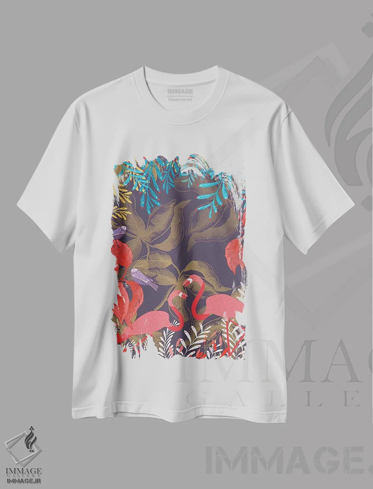 تیشرت سفید طرح دار – تیشرت فلامینگو ,عشق فلامینگوها اثر میشل کمپل immage.ir