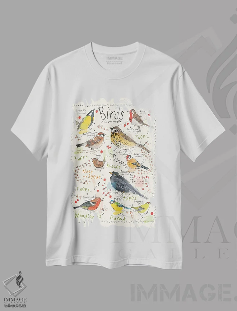 تیشرت سفید طرح دار – تیشرت طبیعت ,پرندگان در باغ شما اثر میشل کمپل فروشگاه ایماژ