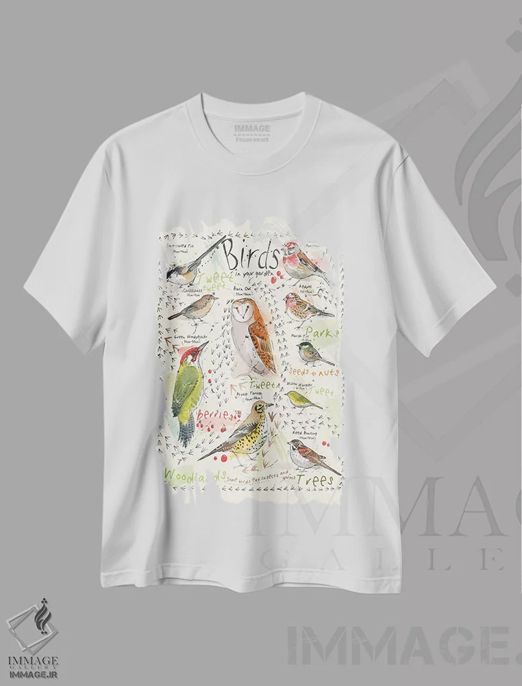 تیشرت سفید طرح دار – تیشرت طبیعت ,پرندگان در باغ شما اثر میشل کمپل immage.ir