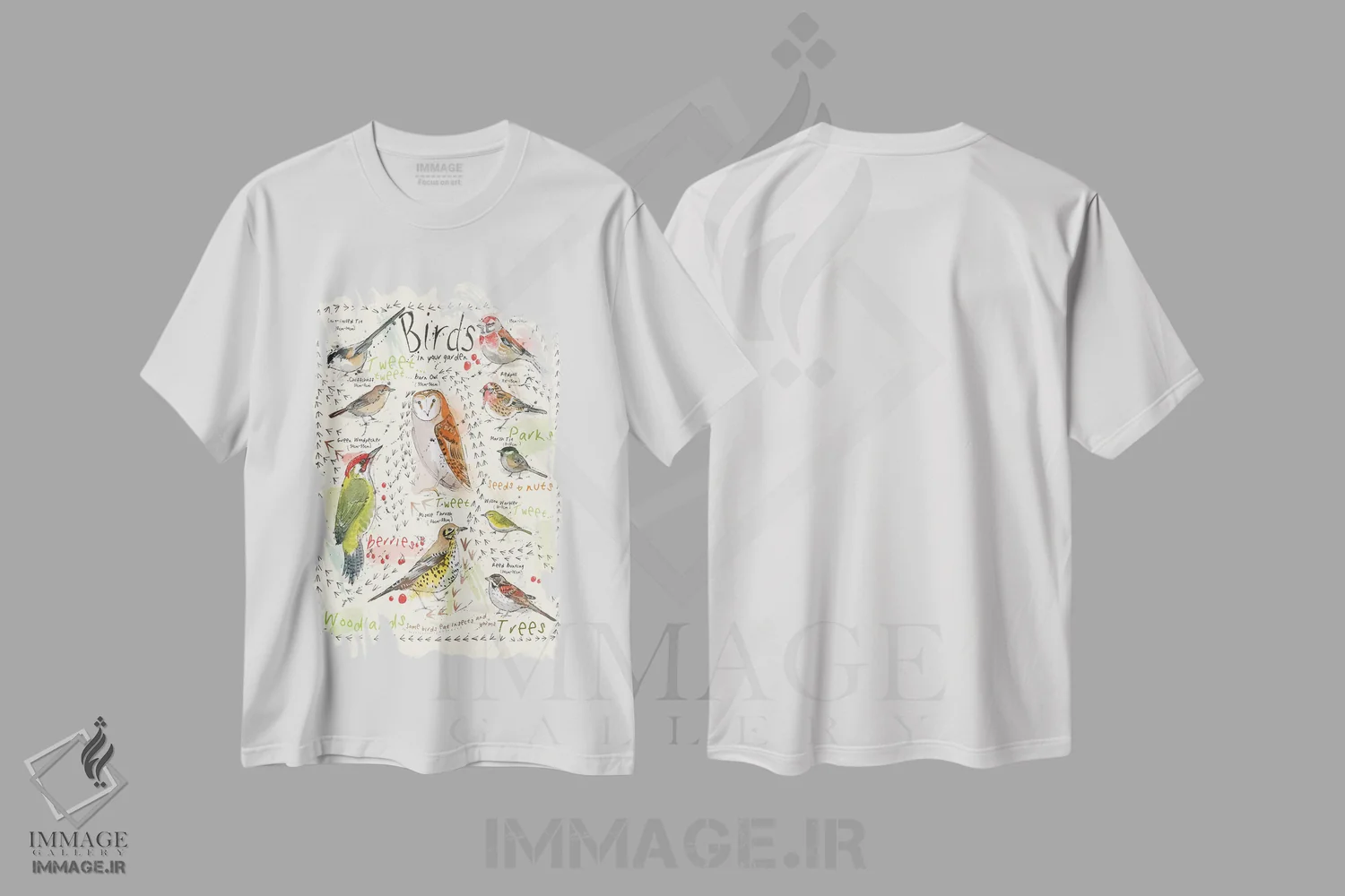 تیشرت سفید طرح دار – تیشرت طبیعت ,پرندگان در باغ شما اثر میشل کمپل immage.ir