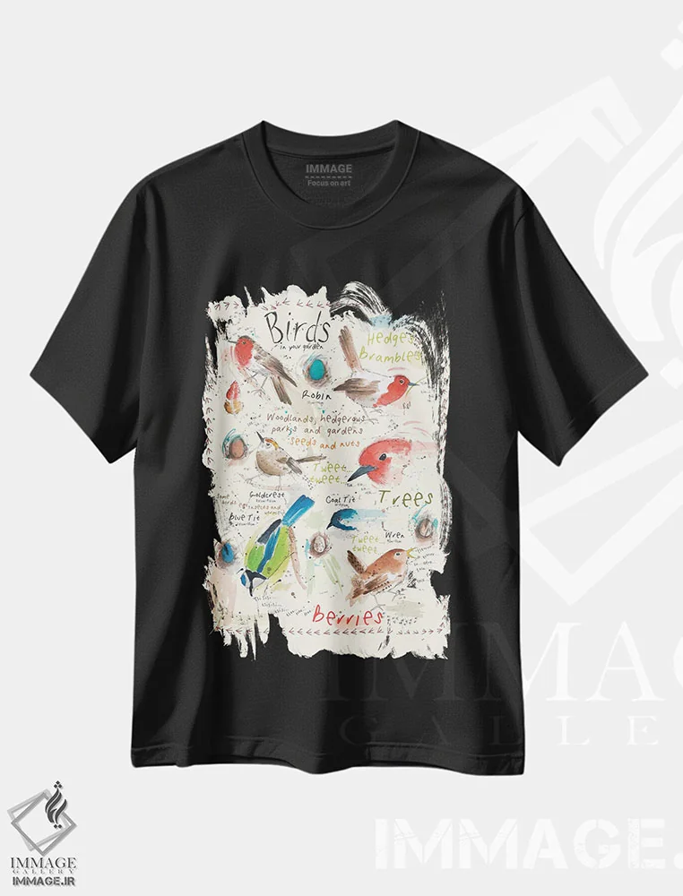 تیشرت مشکی طرح دار – تیشرت طبیعت ,پرندگان در باغ شما اثر میشل کمپل فروشگاه ایماژ