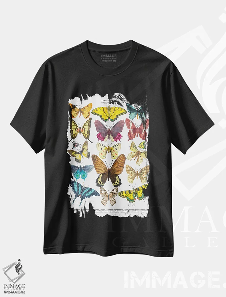 تیشرت مشکی طرح دار – تیشرت هنری طبیعت ,پروانه ها اثر میشل کمپل immage.ir