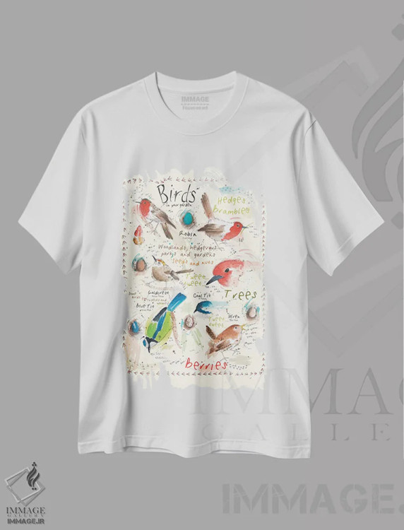 تیشرت سفید طرح دار – تیشرت طبیعت ,پرندگان در باغ شما اثر میشل کمپل immage.ir