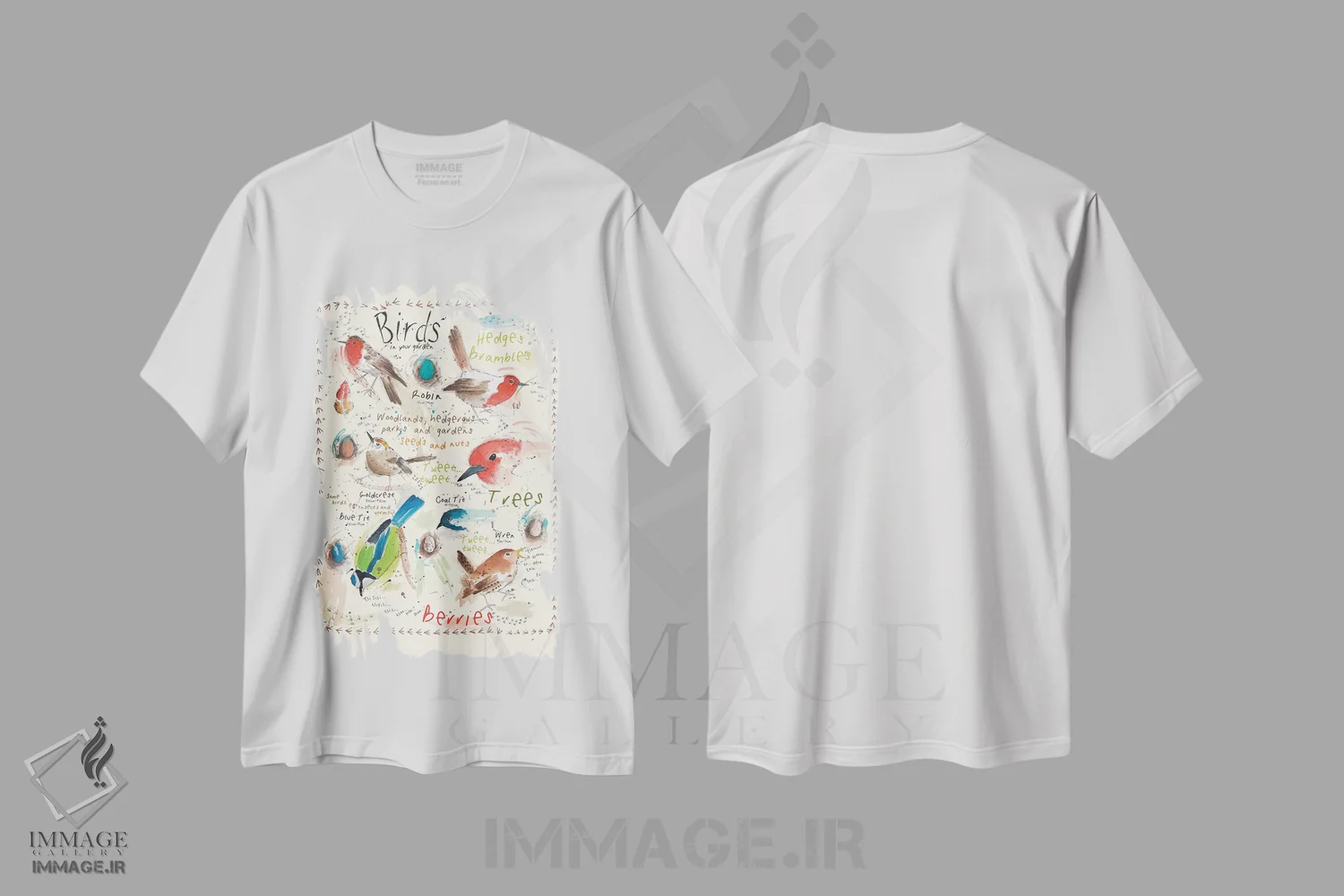 تیشرت سفید طرح دار – تیشرت طبیعت ,پرندگان در باغ شما اثر میشل کمپل immage.ir