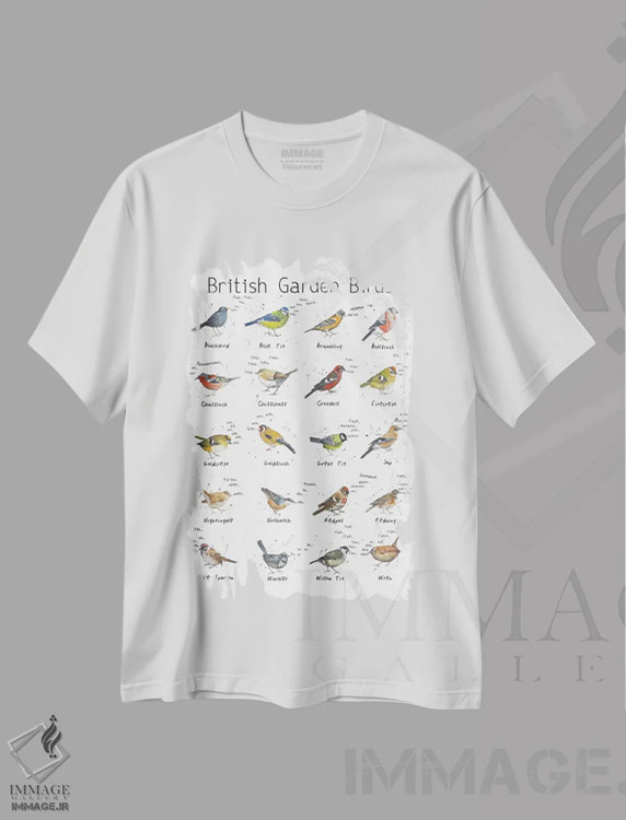 تیشرت سفید طرح دار – تیشرت طبیعت ,پرندگان باغ بریتانیا اثر میشل کمپل immage.ir