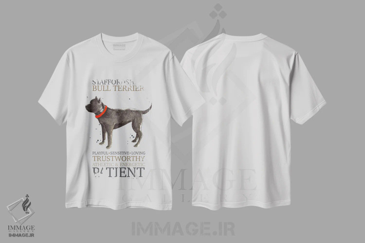 تیشرت سفید طرح دار – تیشرت اسپرت ,ویژگی های سگ تریر بول استفوردشایر اثر میشل کمپل فروشگاه ایماژ