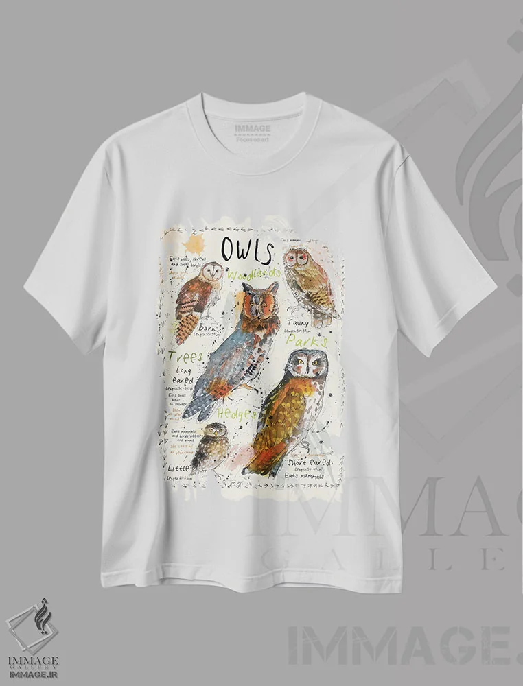 تیشرت سفید طرح دار – تیشرت آبرنگی ,جغدها اثر میشل کمپل فروشگاه ایماژ
