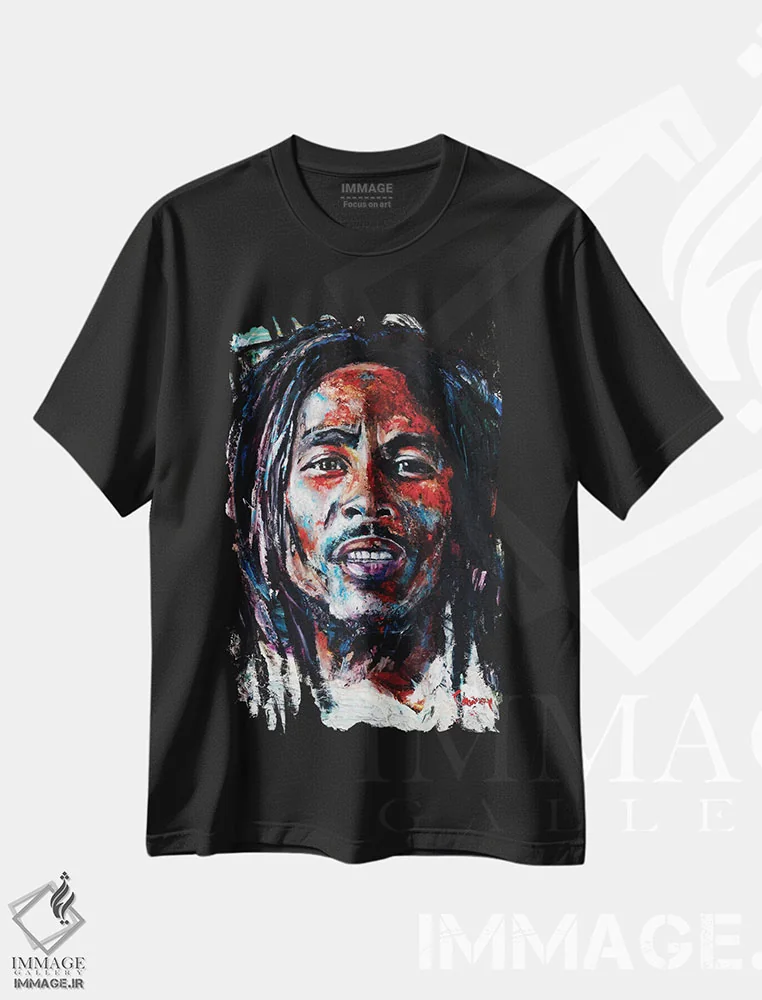 تیشرت مشکی طرح دار – تیشرت موسیقی ,باب مارلی اثر مارک کورِیج فروشگاه ایماژ
