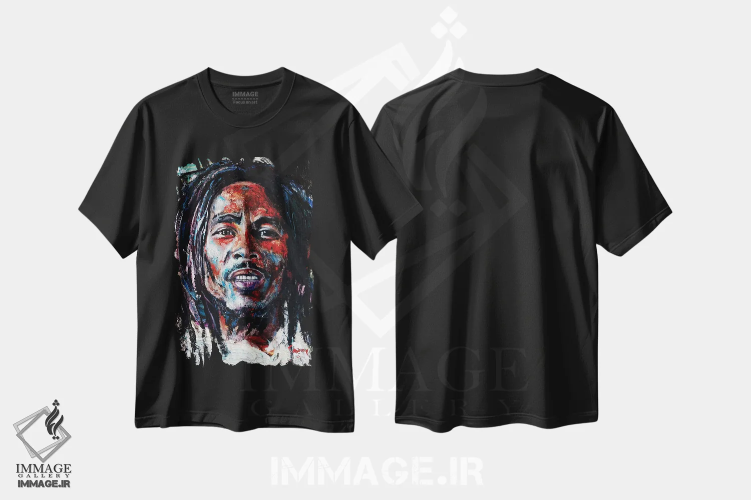 تیشرت مشکی طرح دار – تیشرت موسیقی ,باب مارلی اثر مارک کورِیج فروشگاه ایماژ
