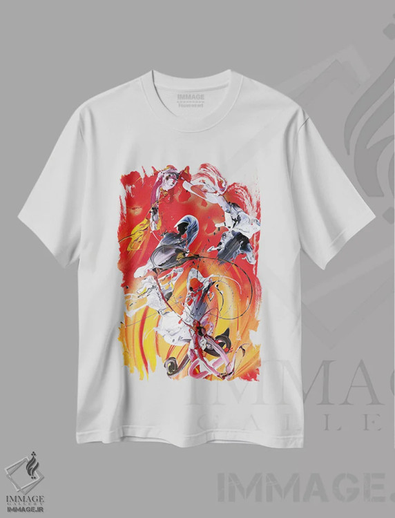 تیشرت سفید طرح دار – تیشرت رنگی ,رقص آتش اثر مایکل کارینی فروشگاه ایماژ
