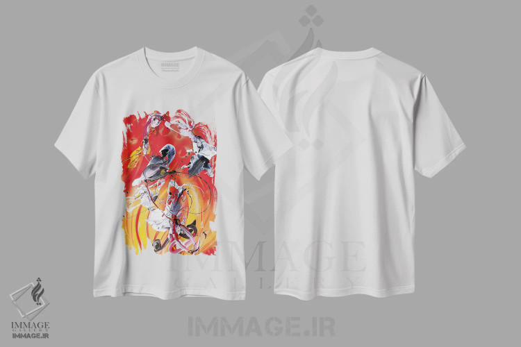 تیشرت سفید طرح دار – تیشرت رنگی ,رقص آتش اثر مایکل کارینی فروشگاه ایماژ