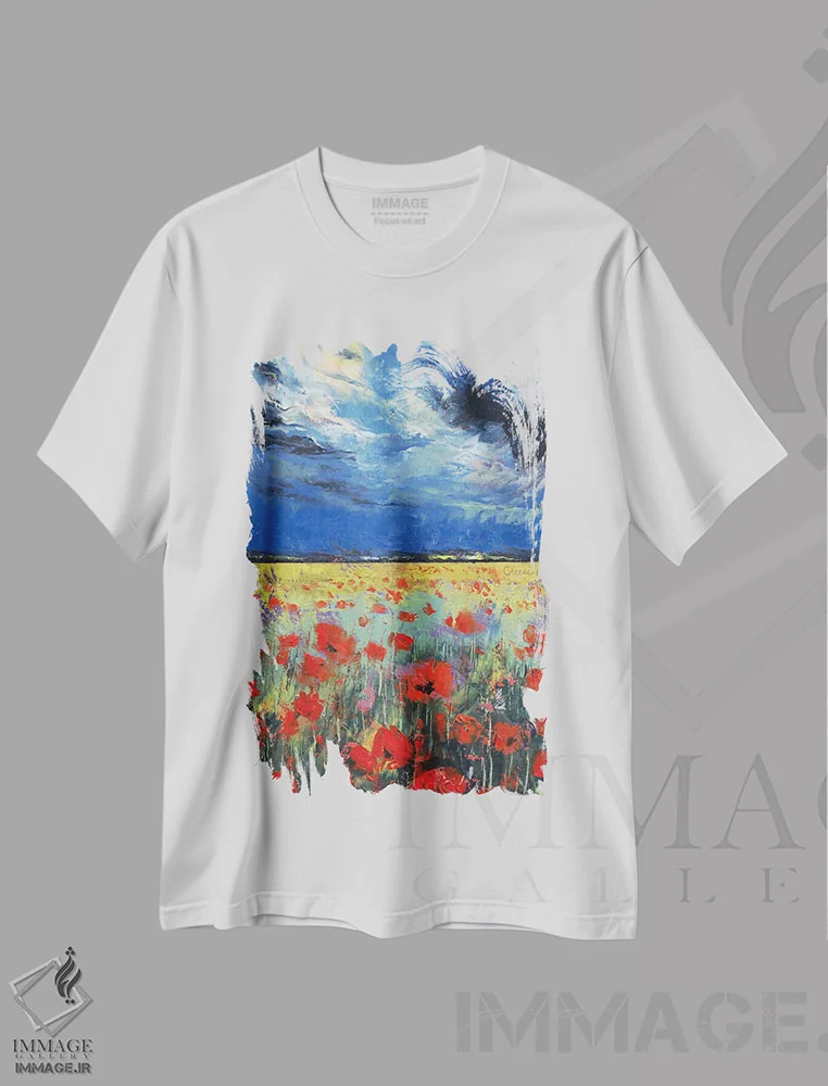 تیشرت سفید طرح دار – تیشرت طبیعت ,شقایق ها زیر نور ماه اثر مایکل کریس immage.ir