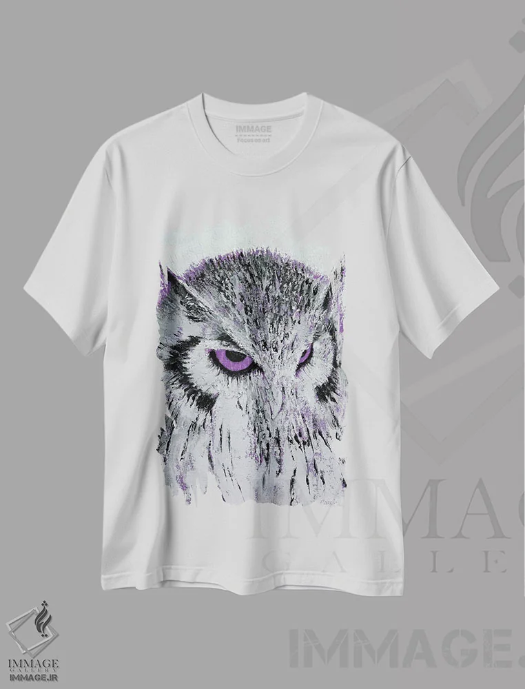 تیشرت سفید طرح دار – تیشرت هنری ,جغد بنفش اثر مایکل کریس فروشگاه ایماژ