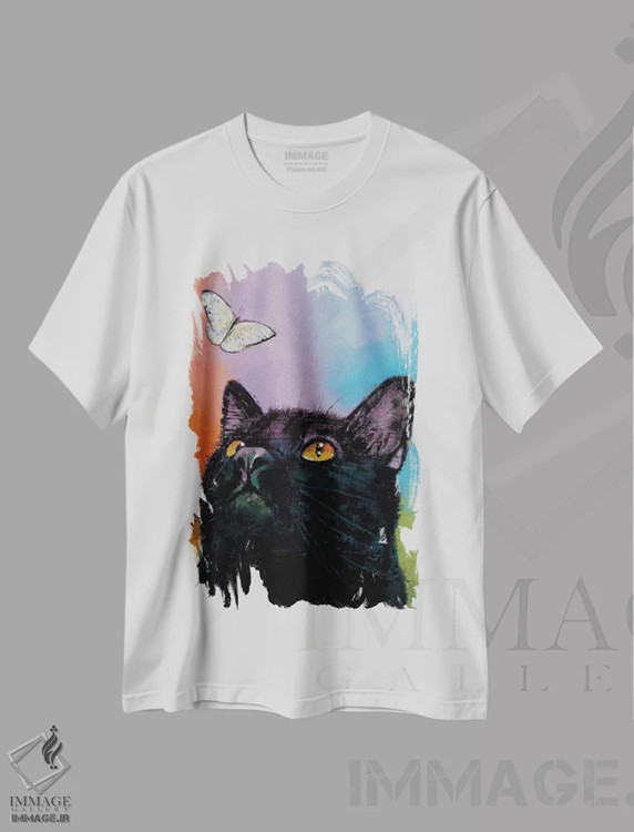 تیشرت سفید طرح دار – تیشرت فانتزی ,پروانه گربه سیاه اثر مایکل کریس فروشگاه ایماژ