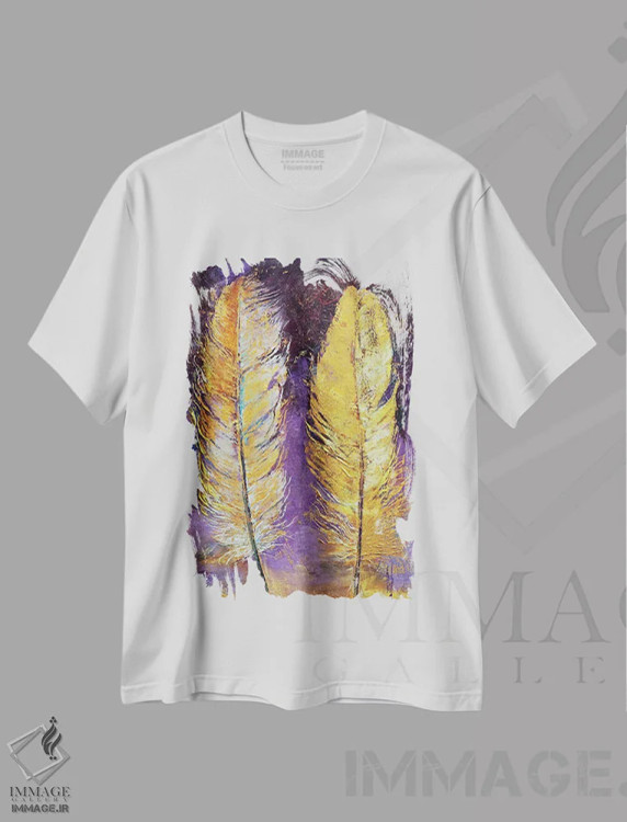 تیشرت سفید طرح دار – تیشرت هنری ,پرهای طلایی اثر مایکل کریس immage.ir