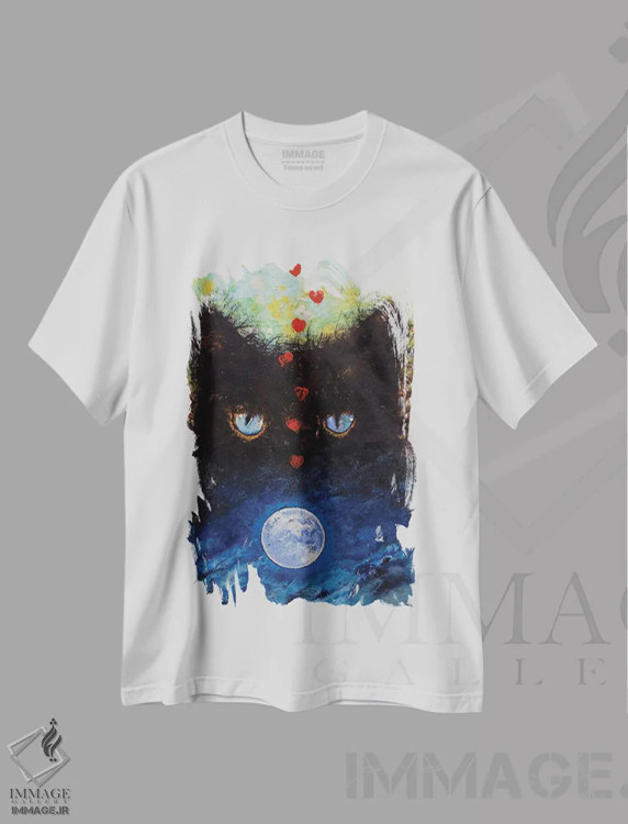 تیشرت سفید طرح دار – تیشرت حیوانات ,گربه سیاه در نور ماه اثر مایکل کریس immage.ir