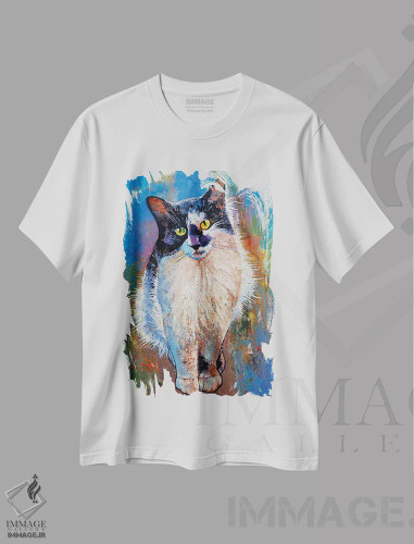 تیشرت سفید طرح دار – تیشرت حیوانات ,گربه سیاه و سفید اثر مایکل کریس فروشگاه ایماژ