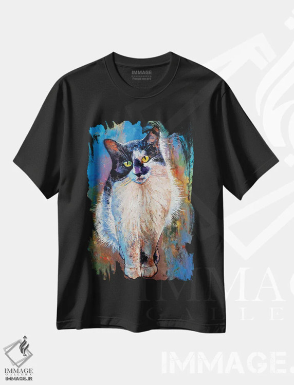 تیشرت مشکی طرح دار – تیشرت حیوانات ,گربه سیاه و سفید اثر مایکل کریس immage.ir