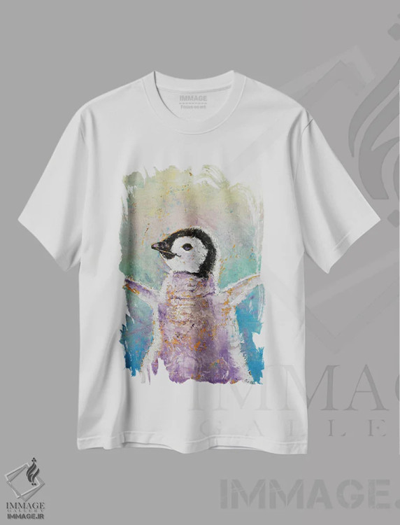تیشرت سفید طرح دار – تیشرت حیوانات ,بچه پنگوئن اثر مایکل کریس immage.ir