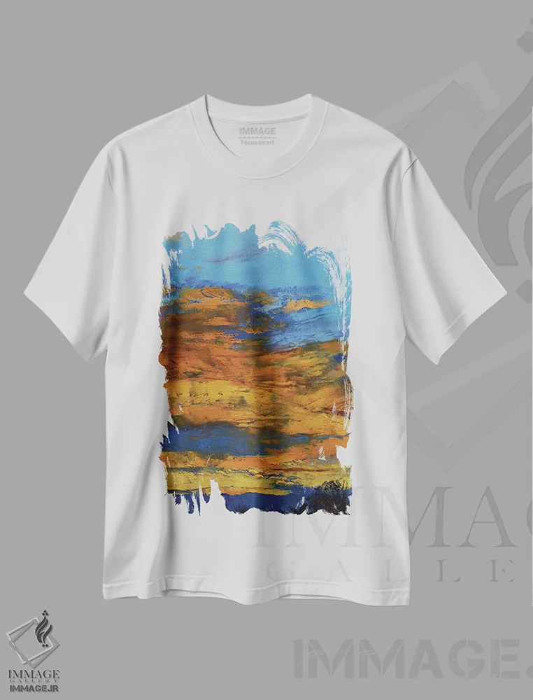 تیشرت سفید طرح دار – تیشرت انتزاعی ,غروب نارنگی رنگ اثر مایکل کریس immage.ir