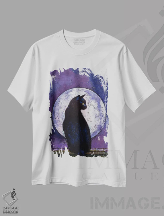 تیشرت سفید طرح دار – تیشرت هنری ,نور ماه و گربه سیاه اثر مایکل کریس immage.ir