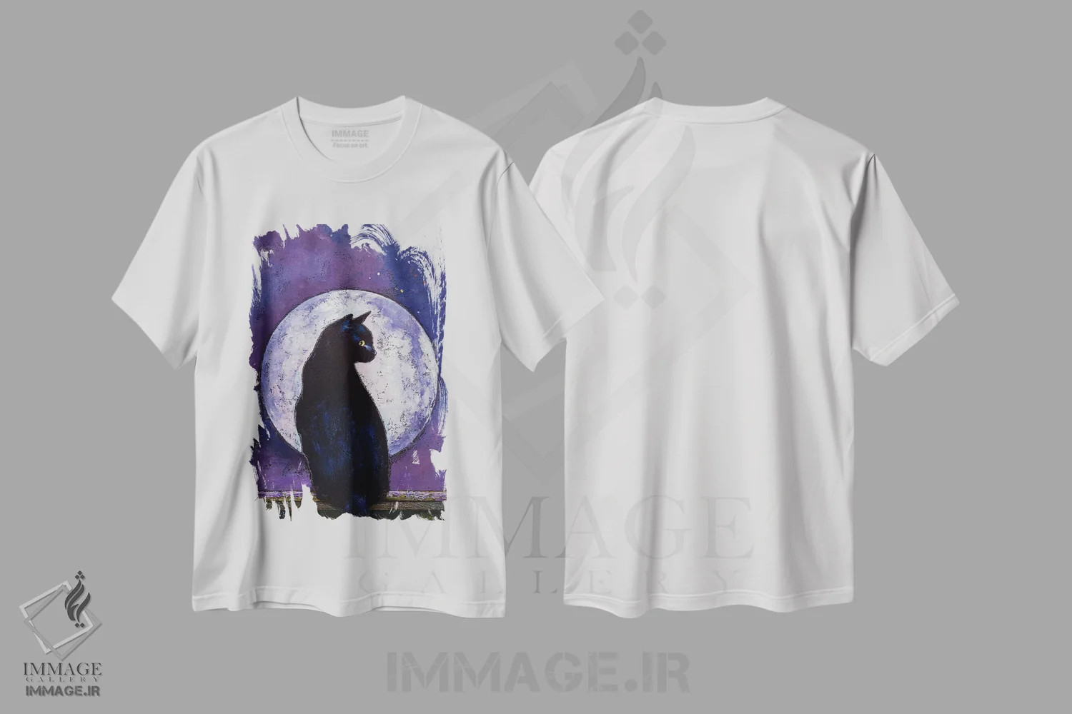 تیشرت سفید طرح دار – تیشرت هنری ,نور ماه و گربه سیاه اثر مایکل کریس immage.ir