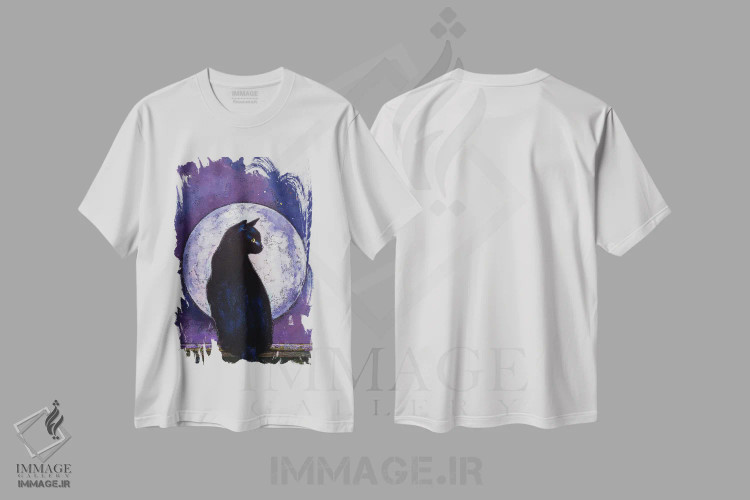 تیشرت سفید طرح دار – تیشرت هنری ,نور ماه و گربه سیاه اثر مایکل کریس immage.ir