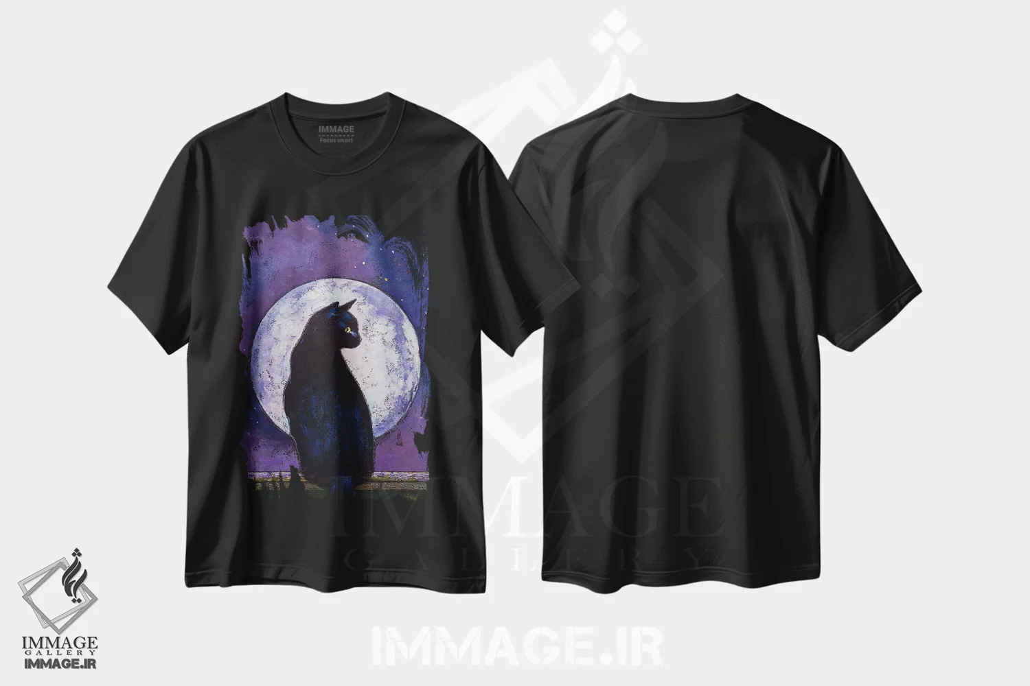 تیشرت مشکی طرح دار – تیشرت هنری ,نور ماه و گربه سیاه اثر مایکل کریس فروشگاه ایماژ