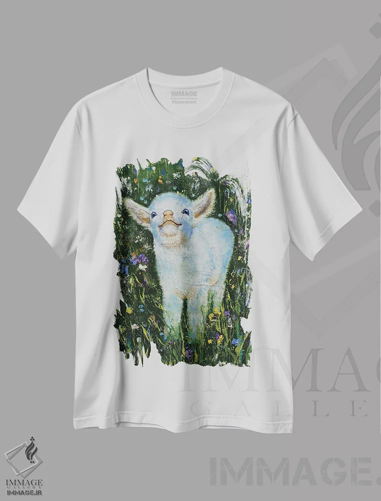 تیشرت سفید طرح دار – تیشرت طبیعت ,بزغاله اثر مایکل کریس immage.ir