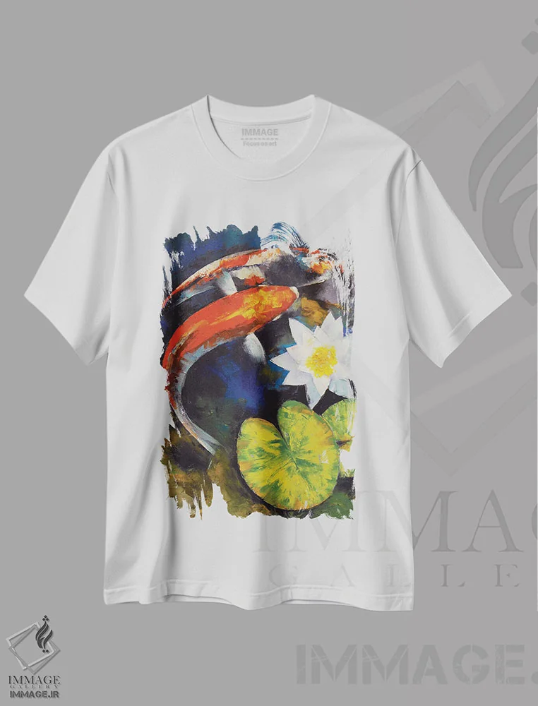 تیشرت سفید طرح دار – تیشرت هنری ,ماهی کوی و نیلوفر آبی اثر مایکل کریس فروشگاه ایماژ