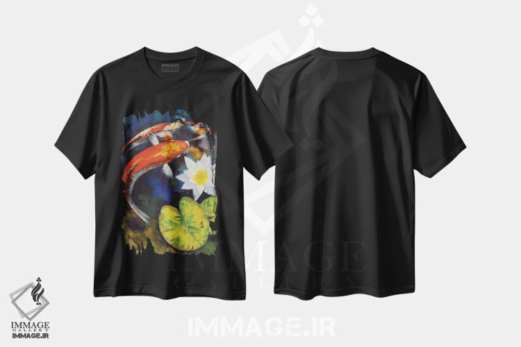 تیشرت مشکی طرح دار – تیشرت هنری ,ماهی کوی و نیلوفر آبی اثر مایکل کریس immage.ir