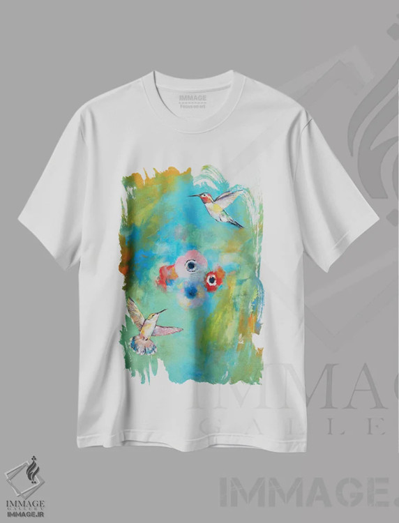 تیشرت سفید طرح دار – تیشرت حیوانات ,مرغ های مگس خوار اثر مایکل کریس immage.ir