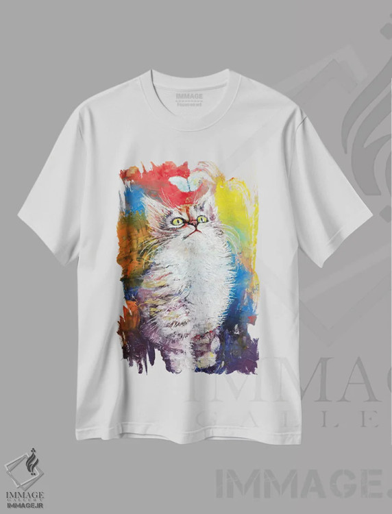 تیشرت سفید طرح دار – تیشرت حیوانات ,بچه گربه و پروانه اثر مایکل کریس immage.ir