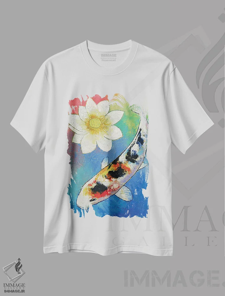 تیشرت سفید طرح دار – تیشرت هنری ,کوی و نیلوفر سفید اثر مایکل کریس فروشگاه ایماژ