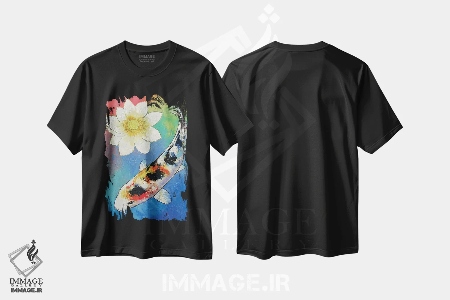 تیشرت مشکی طرح دار – تیشرت هنری ,کوی و نیلوفر سفید اثر مایکل کریس immage.ir