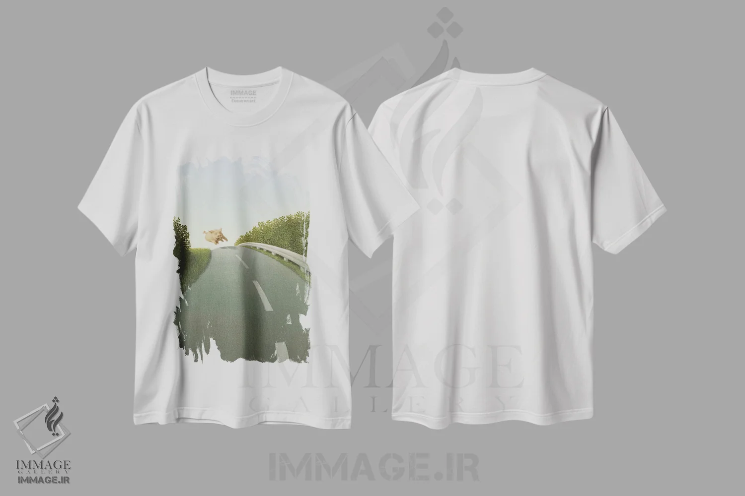 تیشرت سفید طرح دار – تیشرت طنز ,خوک بزرگراه اثر مایکل سووا immage.ir